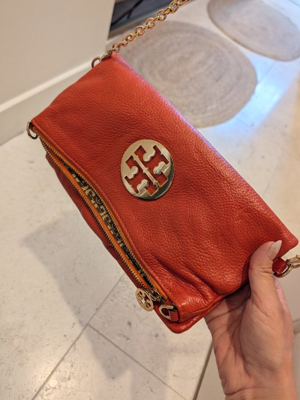 Tory Burch Foldover Clutch Crossbody Orange Pebbled Leather Gold Chain